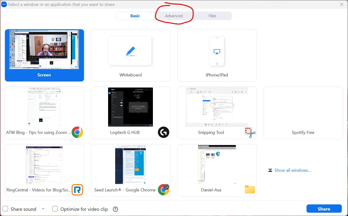 asa zoom tips share screen advanced