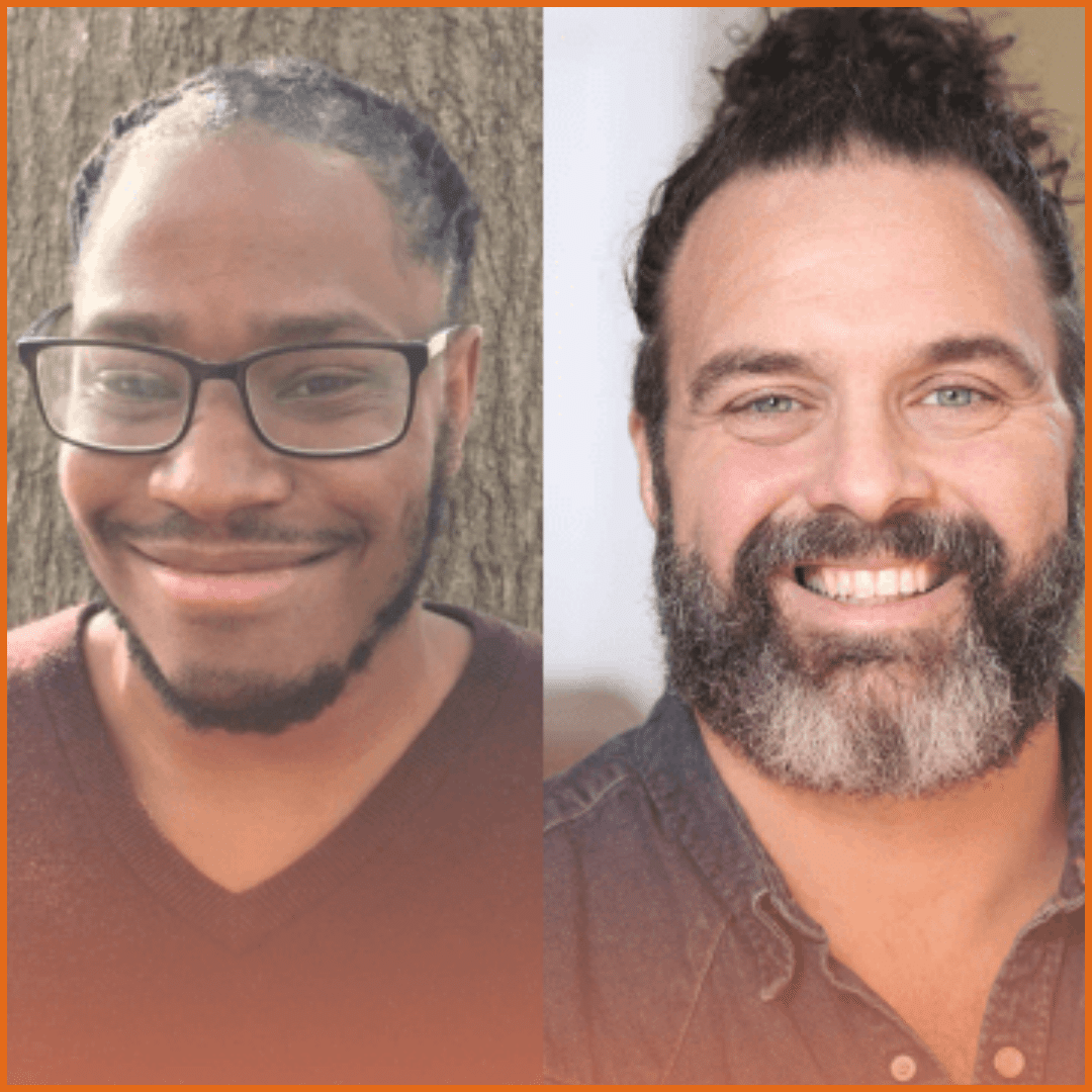 Two smiling men with glasses and beards