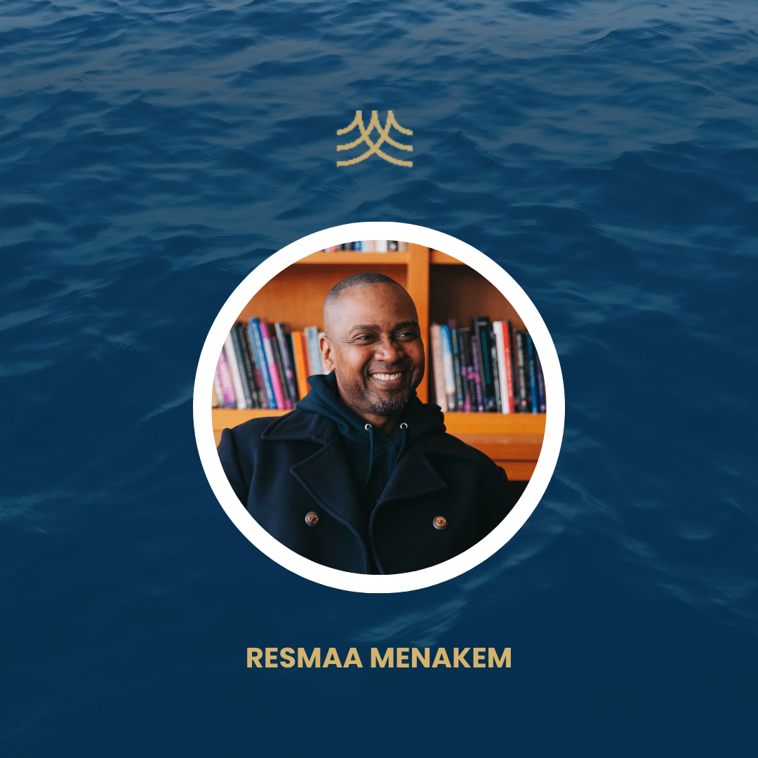 Person smiling in front of bookshelf, ocean background