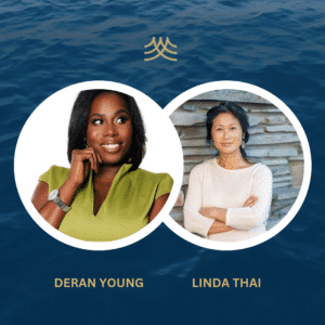 Two women smiling at the camera, blue background.