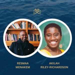 Two people smiling, one with bookshelf background.