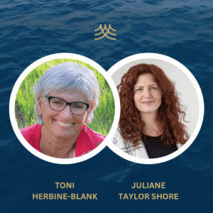 Two women smiling with blue background.