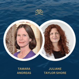 Two women against ocean background