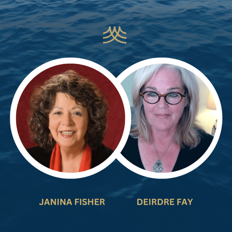 Two women on blue ocean background.