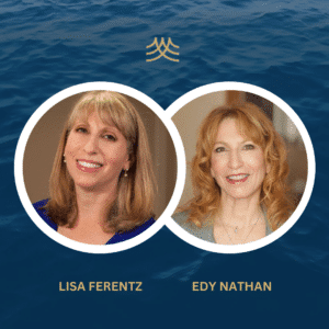 Two smiling women against a blue background.