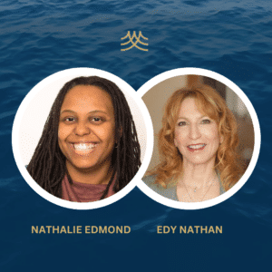 Headshots of two smiling individuals with waves backdrop.