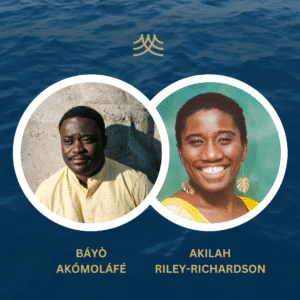 Two people smiling against water background.