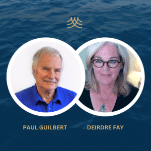 Two people with ocean background and golden symbol.