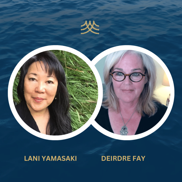 Two women smiling in circular frames over water background.