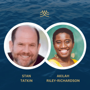 Two people smiling with a wavy background