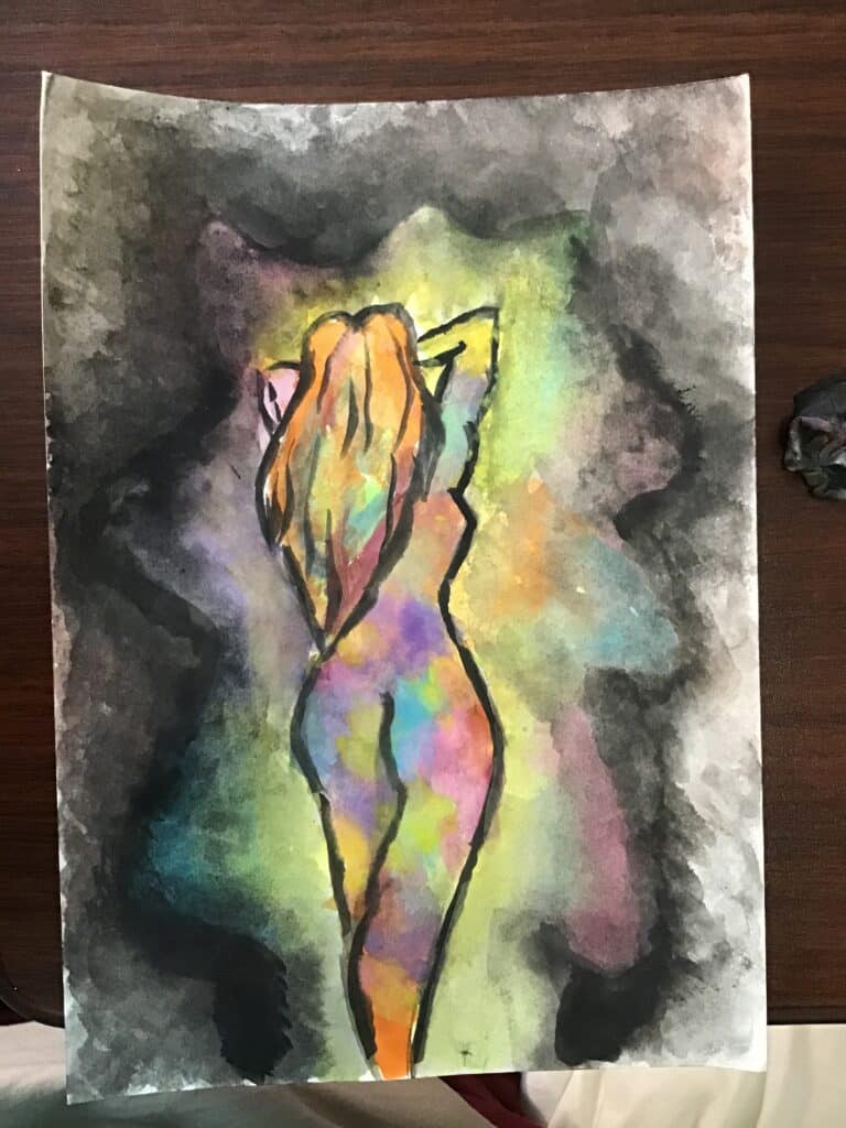 Colorful abstract painting of a silhouetted woman.