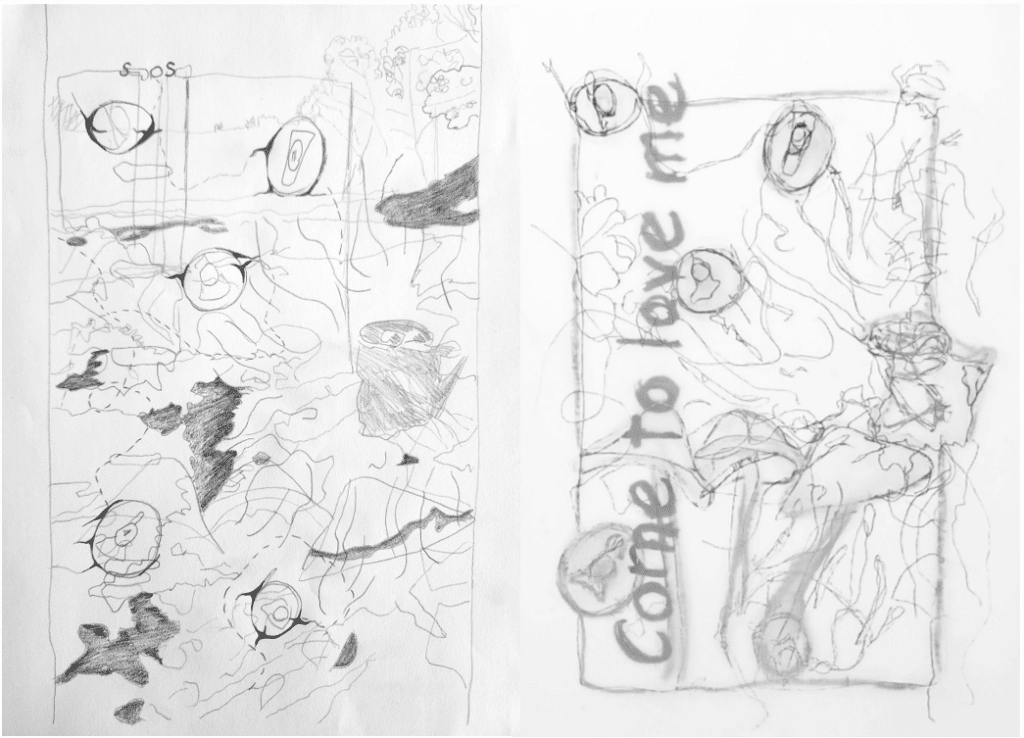 Abstract pencil sketches with text 'Come to love me'