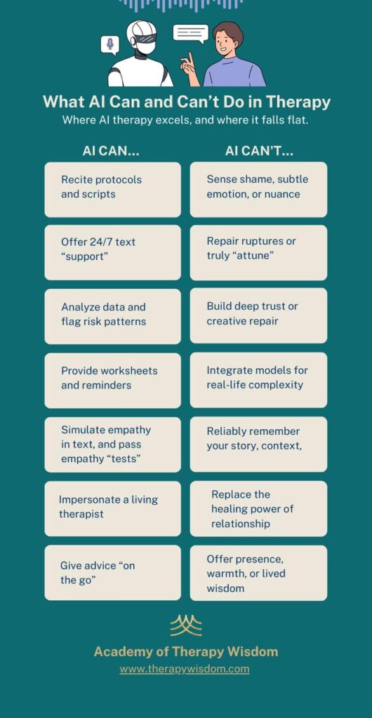 AI therapy strengths and limitations infographic overview.