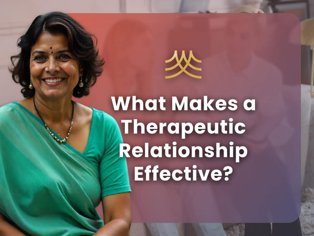 Smiling woman next to therapeutic relationship text.