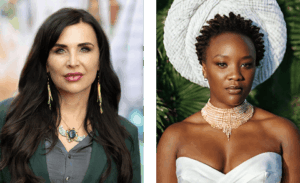 Two women posing, one in green, one in white.