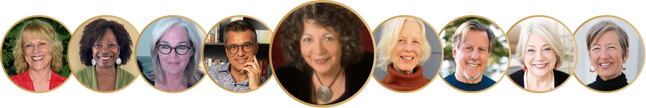 Diverse group of smiling people in circular frames.