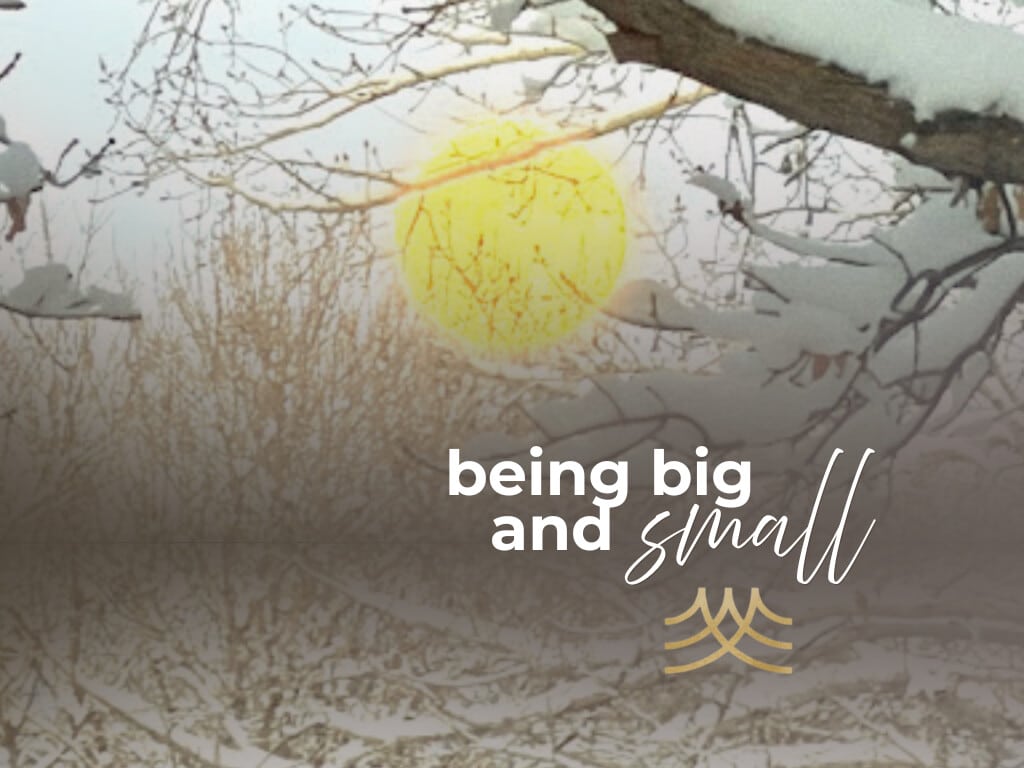 Snowy landscape with sun, saying 'being big and small' - Brian Spielmann