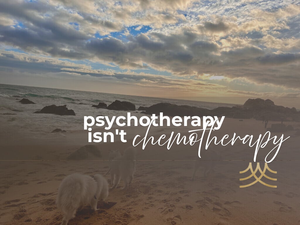 Dogs on beach with psychotherapy message in background - Heather Philipp