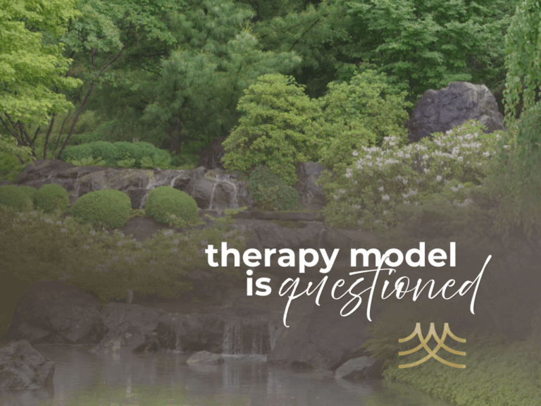 Tranquil garden with questioning therapy text overlay.