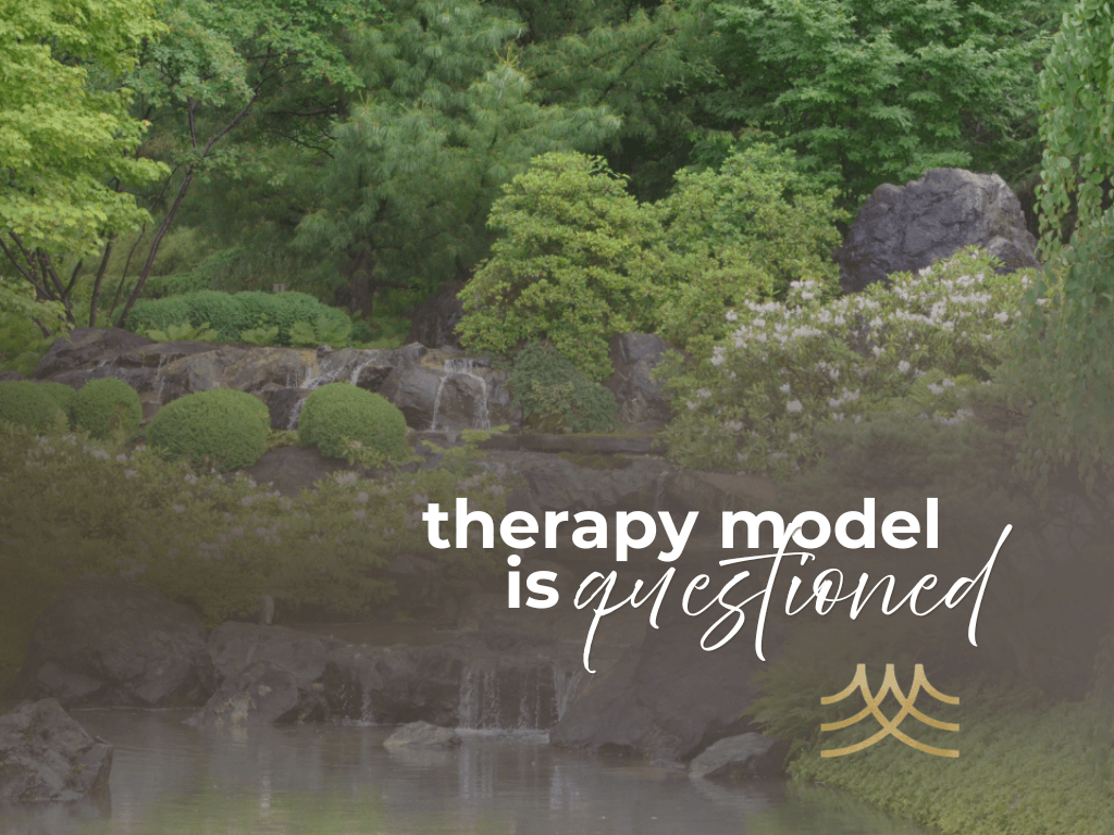 Tranquil garden with questioning therapy text overlay.