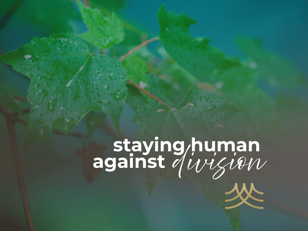 Green leaves with 'staying human against division' text