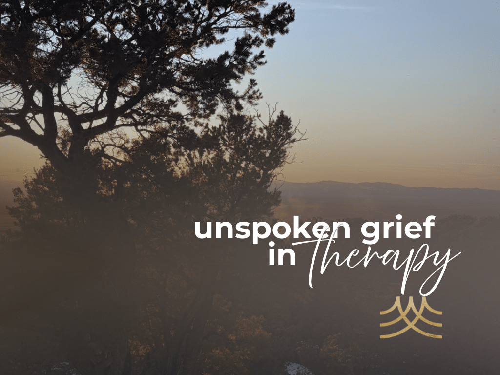 Sunset landscape with trees and therapy quote overlay