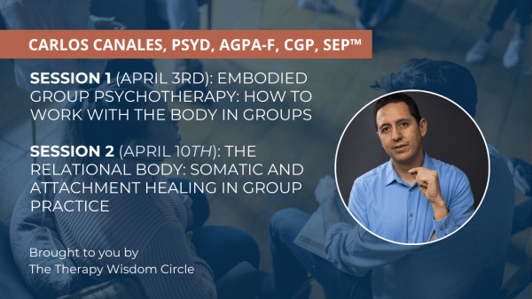 Embodied group psychotherapy sessions promotional graphic with speaker