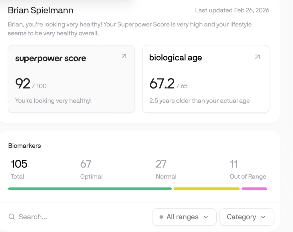 Health dashboard showing scores and biomarker summary