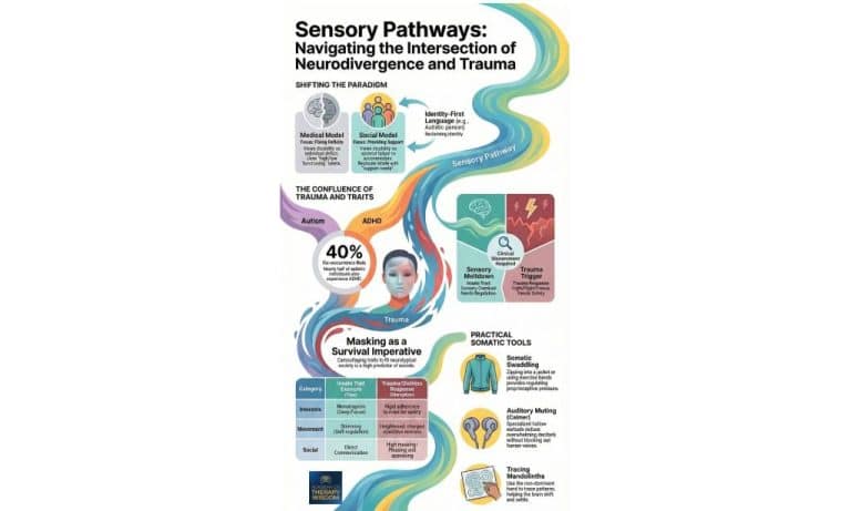 Infographic titled Sensory Pathways: Navigating the Intersection of Neurodivergence and Trauma showing the shift from medical to social models, the confluence of Autism and ADHD, and somatic tools like swaddling and auditory muting.