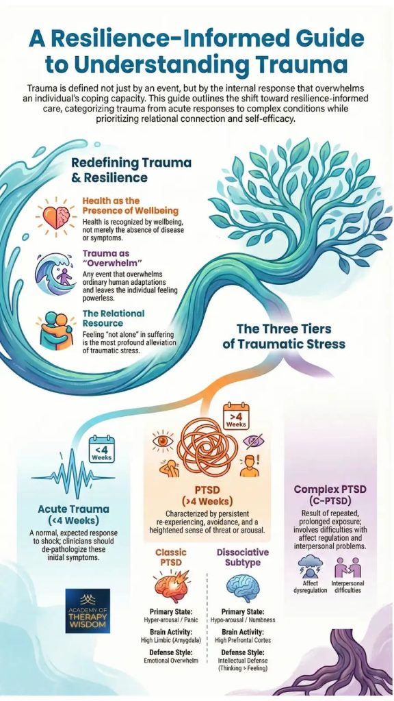 Infographic titled A Resilience-Informed Guide to Understanding Trauma showing the three tiers of traumatic stress: Acute Trauma, PTSD, and Complex PTSD (C-PTSD), highlighting the role of the nervous system and relational resources.