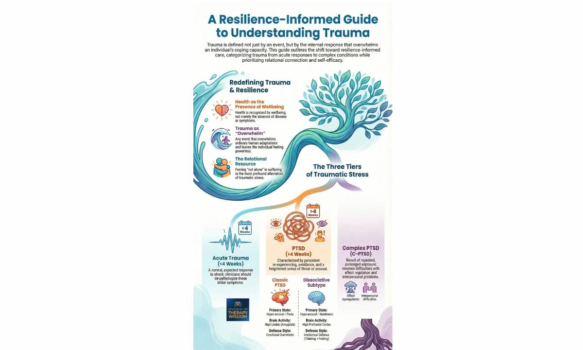 Infographic titled A Resilience-Informed Guide to Understanding Trauma showing the three tiers of traumatic stress: Acute Trauma, PTSD, and Complex PTSD (C-PTSD), highlighting the role of the nervous system and relational resources.