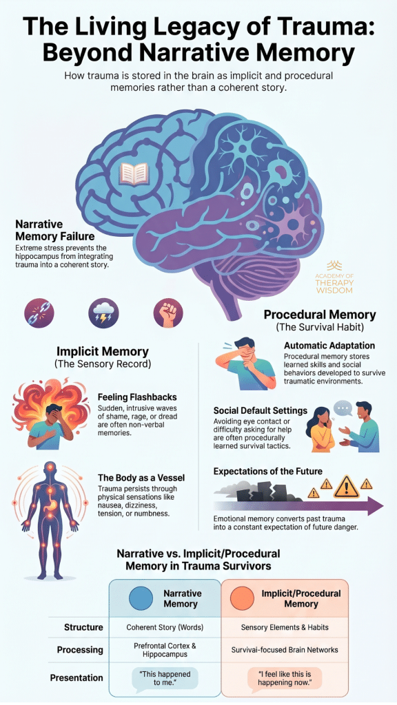 infographic-body-stores-trauma-memory-systems-janina-fisher Infographic explaining the neurobiology of trauma memory storage, specifically hippocampal impairment and implicit versus procedural memory systems.
