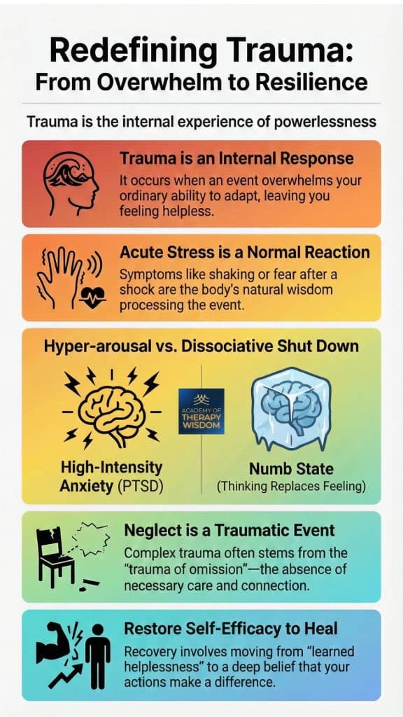infographic-resilience-informed-trauma-treatment-arielle-schwartz-image Infographic titled A Resilience-Informed Guide to Understanding Trauma showing the tiers of traumatic stress from Acute to Complex PTSD.