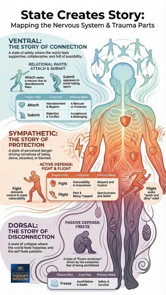 Infographic showing the Polyvagal ladder and how different nervous system states like Ventral, Sympathetic, and Dorsal shape trauma stories.