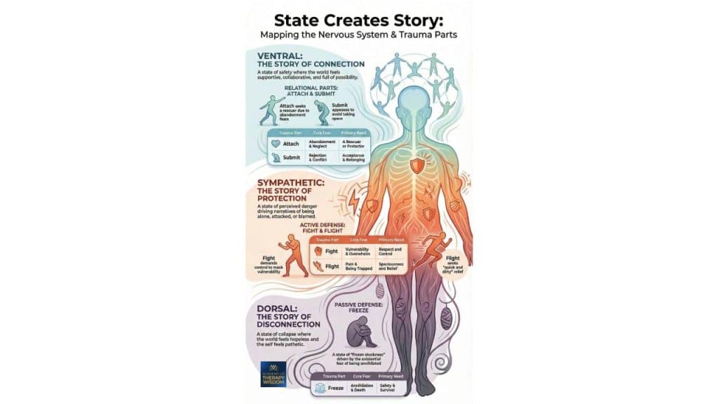 Infographic showing the Polyvagal ladder and how different nervous system states like Ventral, Sympathetic, and Dorsal shape trauma stories.