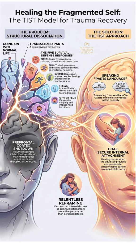 infographic-structural-dissociation-survival-strategies-janina-fisher An infographic illustrating structural dissociation where different parts of the self manage daily functioning while wounded parts carry trauma survival responses like fight, flight, freeze, and submit.