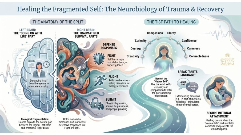 Infographic on trauma, brain split, and healing path
