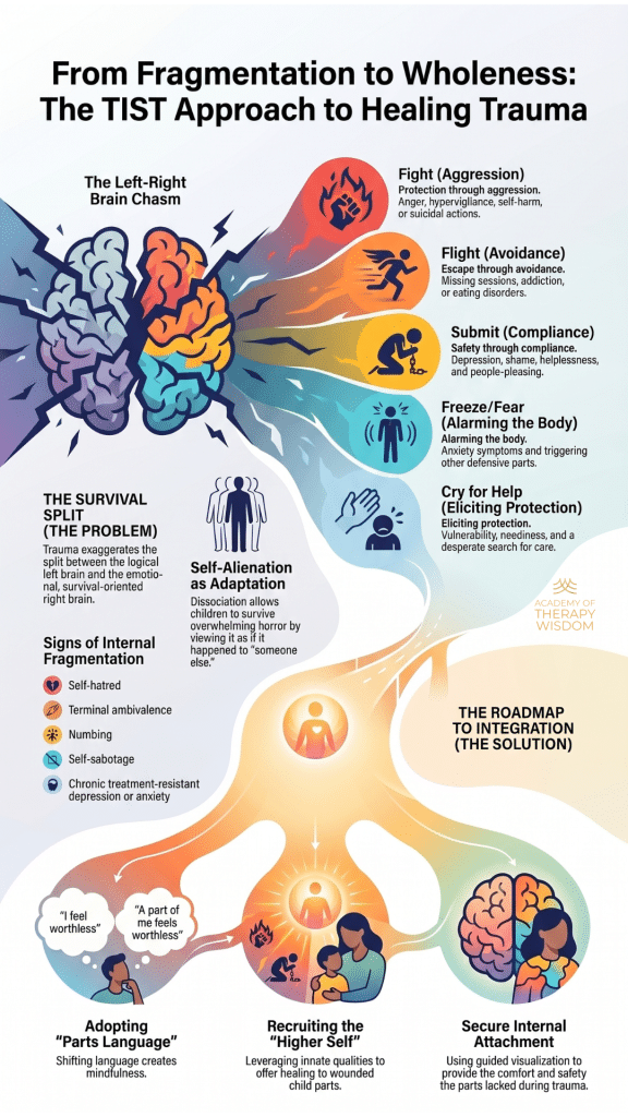 infographic-trauma-fragmentation-survival-strategy-janina-fisher Infographic displaying the neurobiological split of trauma fragmentation, mapping out left-brain logical functioning alongside right-brain emotional survival states like fight, flight, freeze, submit, and cry for help.