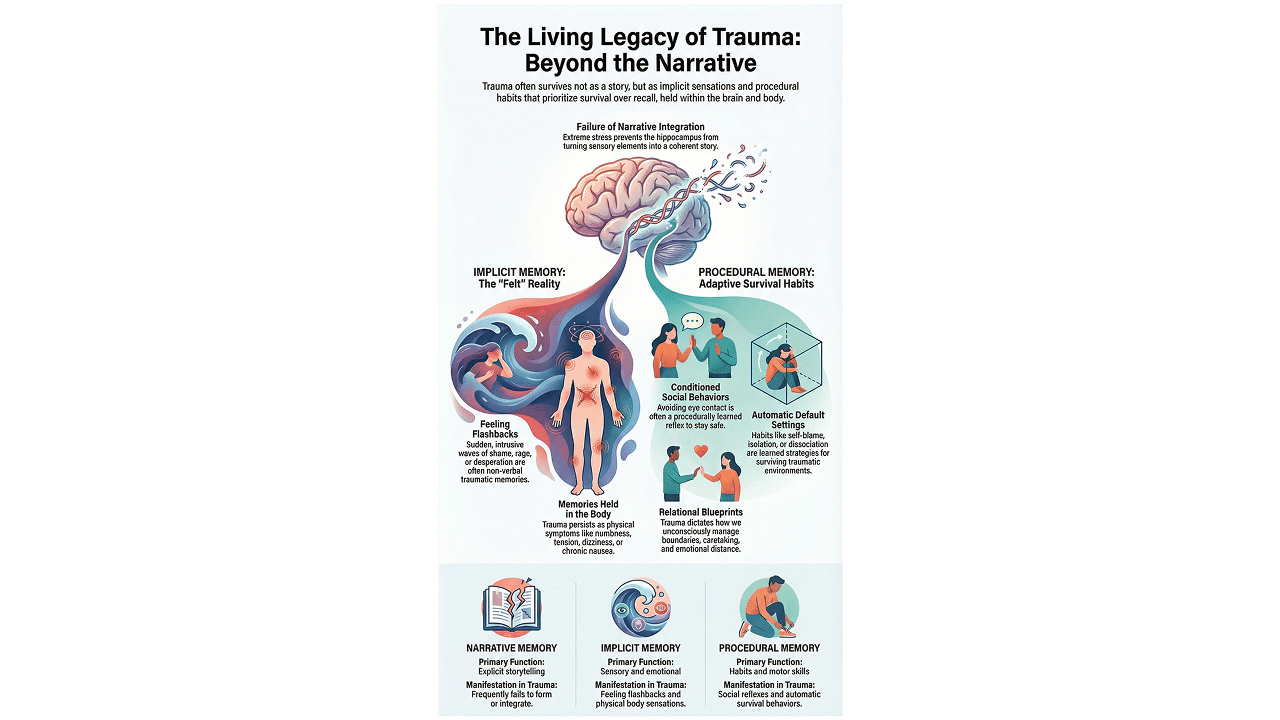 Infographic on trauma, brain, and memory types
