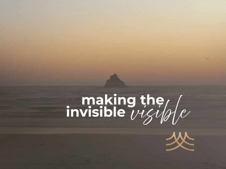 Sunset beach with island silhouette and text overlay