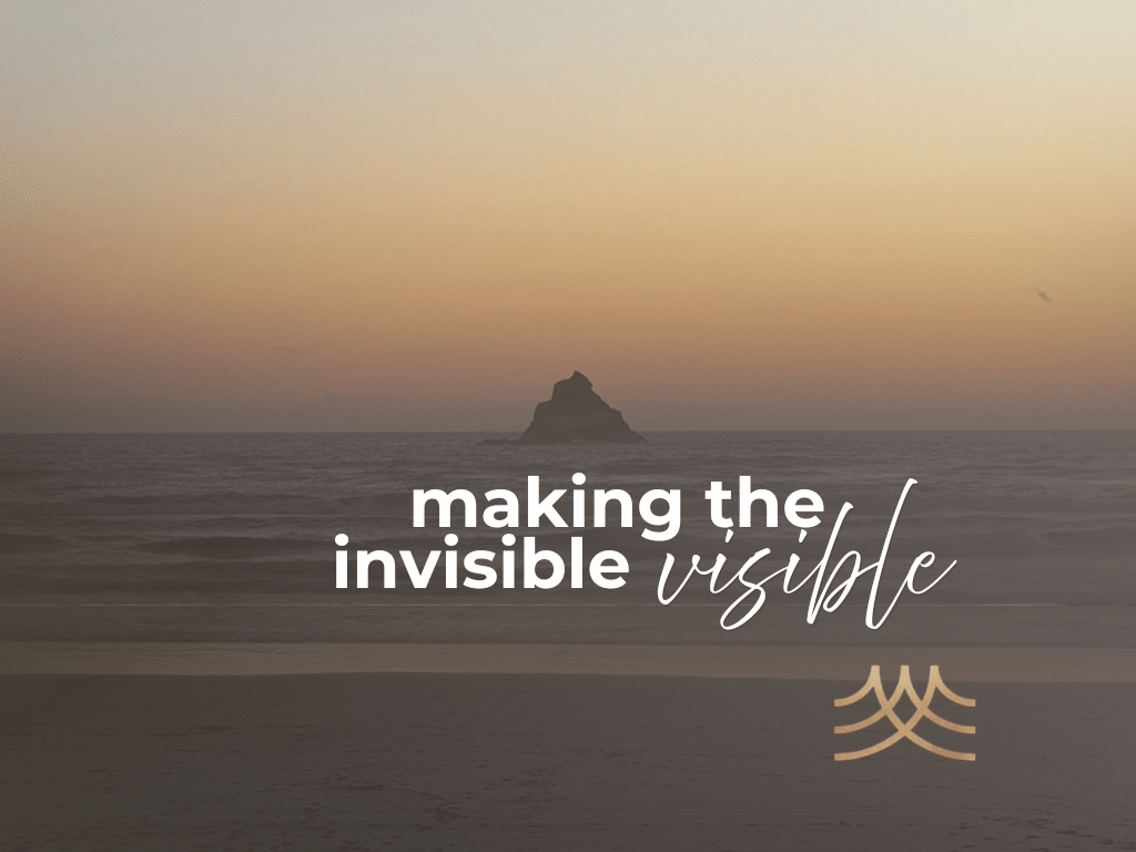 Sunset beach with island silhouette and text overlay