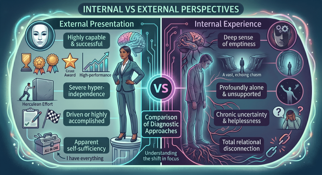 External vs Internal Perspectives Infographic comparing external success and internal emptiness