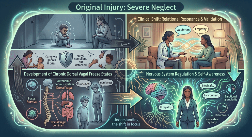 Original Injury Severe Neglect Infographic on neglect, dorsal vagal freeze, healing