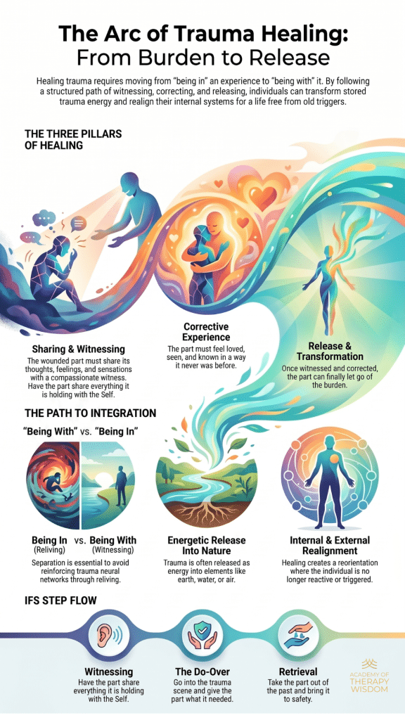 infographic-move-trauma-clients-from-reliving-to-witnessing-frank-anderson Infographic mapping the clinical trajectory of trauma healing from emotional burden to nervous system integration through compassionate witnessing and corrective emotional experiences.