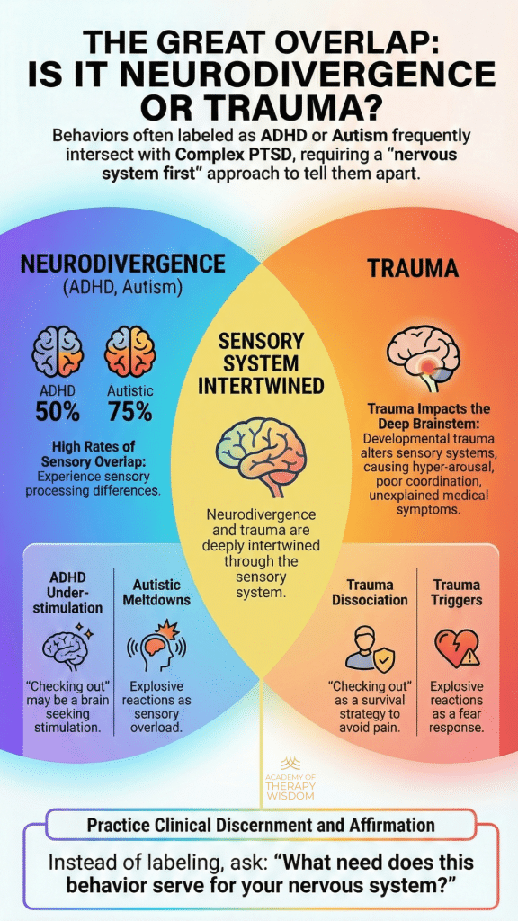 infographic-trauma-neurodivergence-nervous-system-linda-thai An infographic showing overlapping categories for ADHD, Autism, and Trauma converging on shared nervous system states like hyperarousal and dissociation.