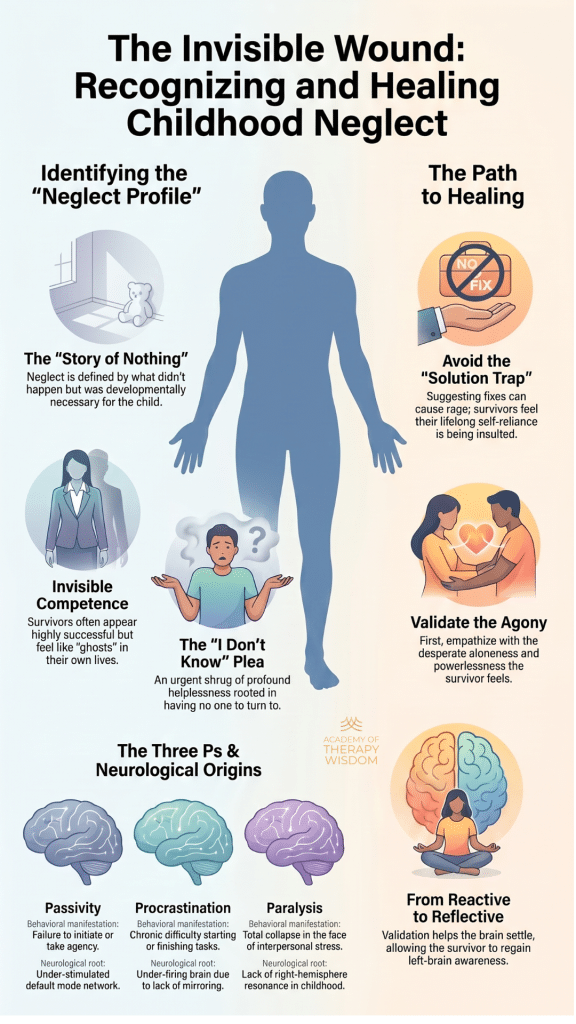 infographic-understanding-developmental-trauma-neglect-ruth-cohn Infographic detailed layout illustrating childhood neglect as an absence of attunement, detailing invisible competence, nervous system freeze states, and relational clinical interventions.