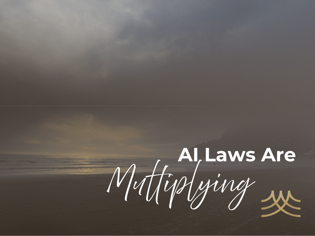 Moody beach sunset with AI laws text overlay