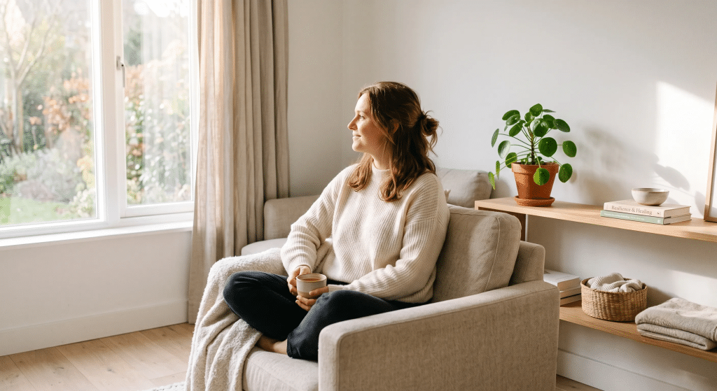 Woman relaxing in armchair by sunny window