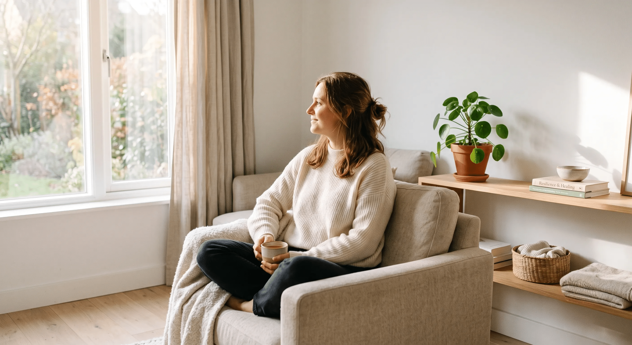 Woman relaxing in armchair by sunny window