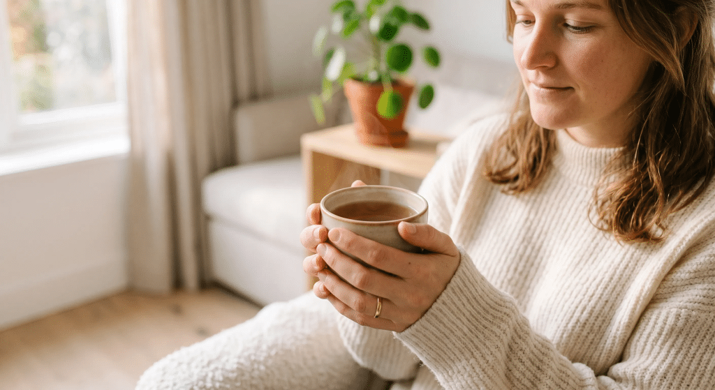 Learning to observe our internal survival responses with soft curiosity. (1) Woman holding a cup of tea indoors